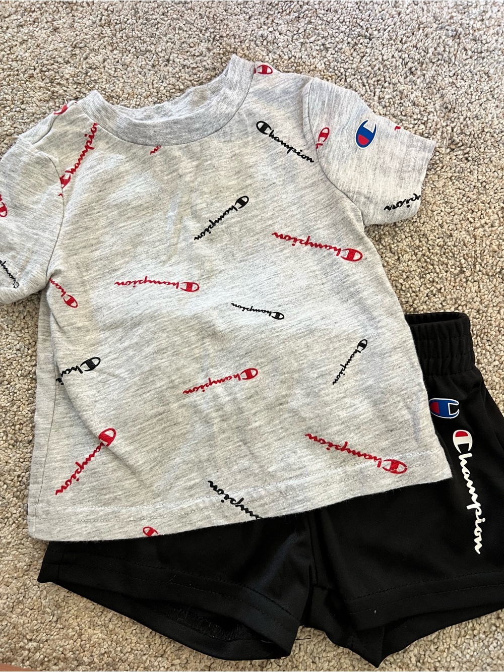 Champion Baby Gray Logo Tee & Black Shorts Set 0-3M